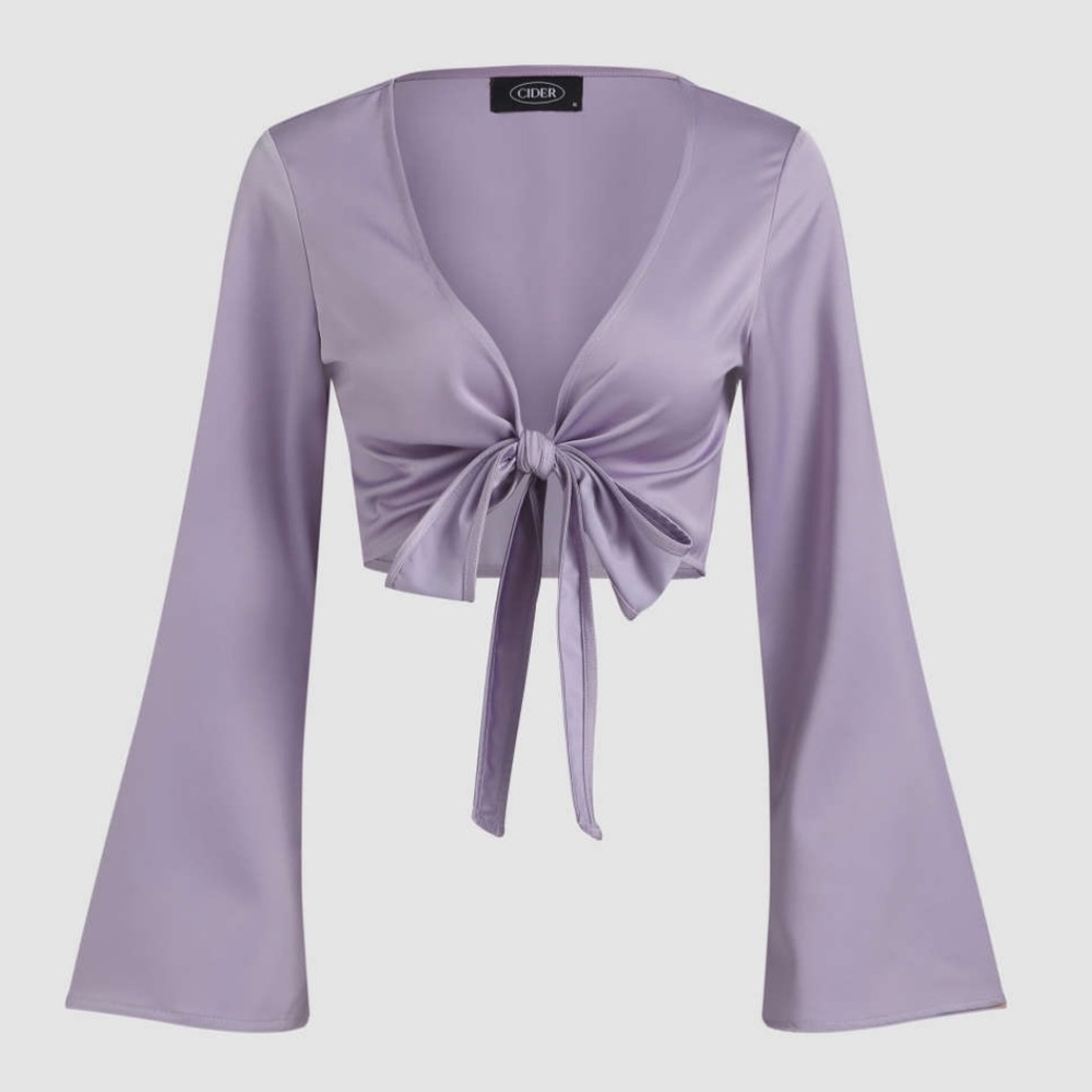 Tie Front Bell Sleeve Crop Top Lavender Purple Silk